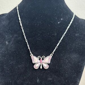 1928 Silver-Tone Pink Butterfly Necklace with Rhinestones